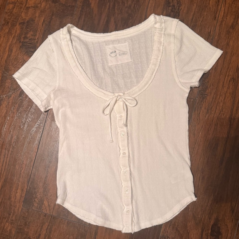 Aerie Sneak Peek Babydoll Short Sleeve Blouse Shirt Women's Small White Boho - Picture 2 of 13